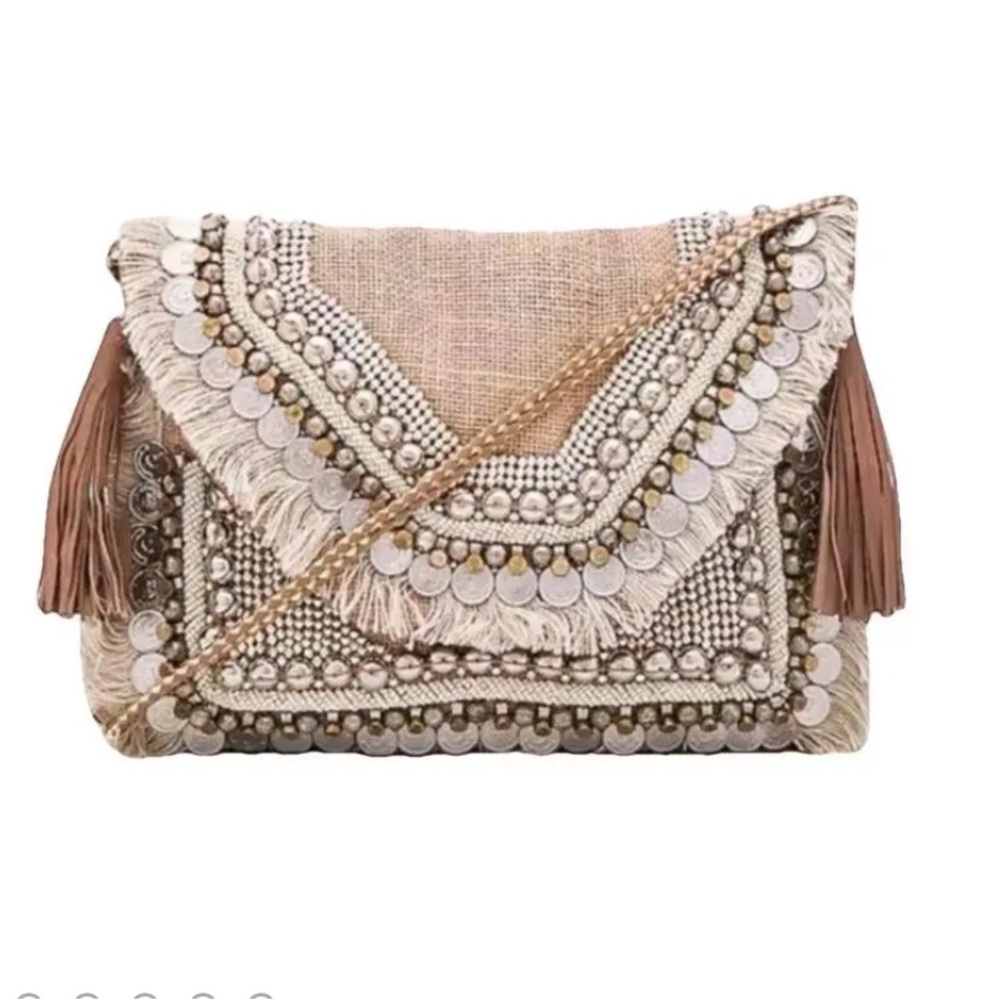 SHASHI Beige and Silver Beaded Clutch
